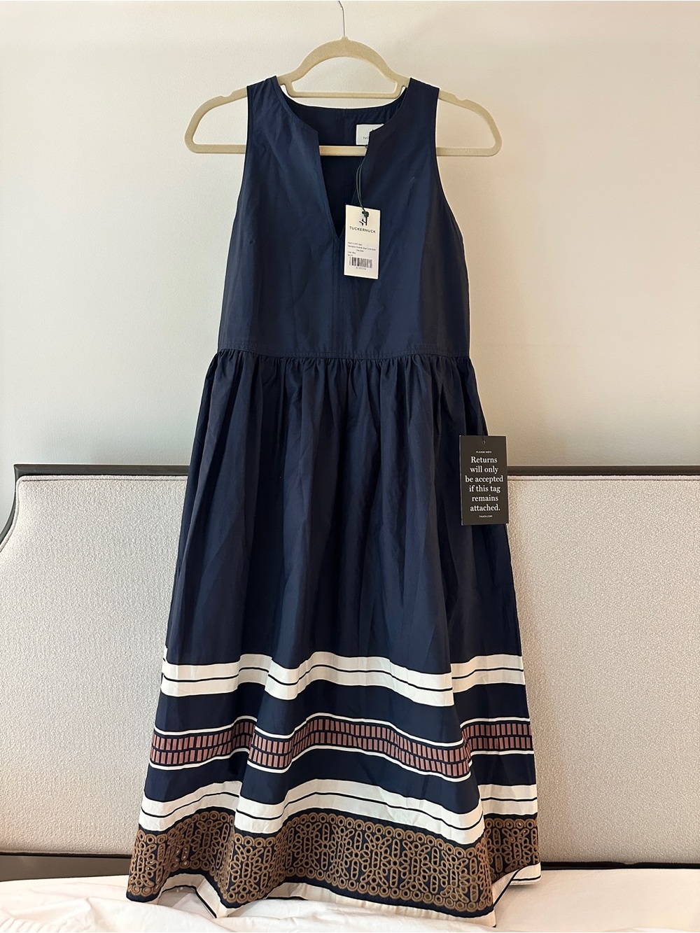 Tuckernuck Navy Sleeveless Border-Print Cotton Dress with White and Brown Trim